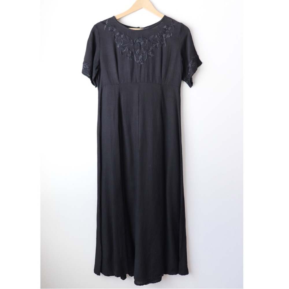 Vintage Embroidered Floral Cotton Blend Black Maxi Dress Medium